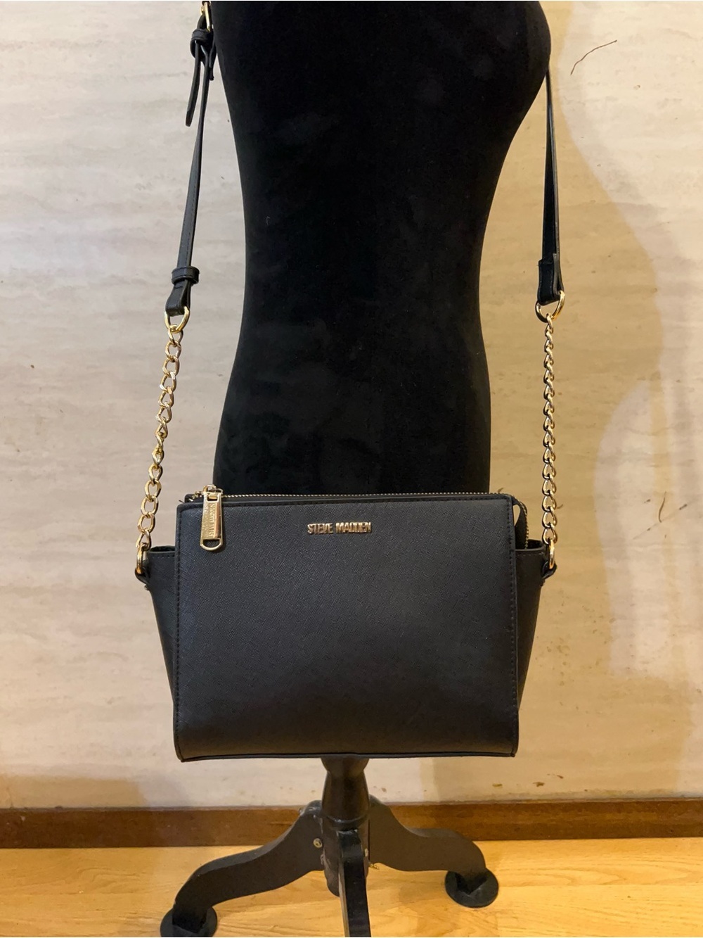 Steve Madden Multi-Sectional Black Crossbody with Gold Chain Strap